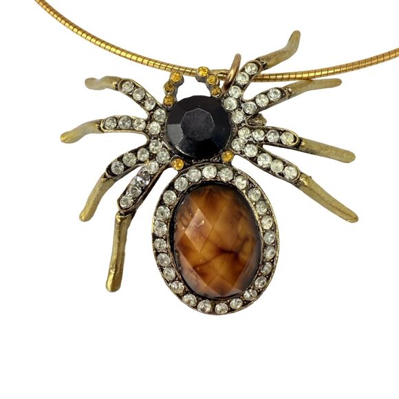 Vtg Gold Tone Spider Pendant Choker Necklace 16.5" With Rhinestones Statement - Picture 9 of 12